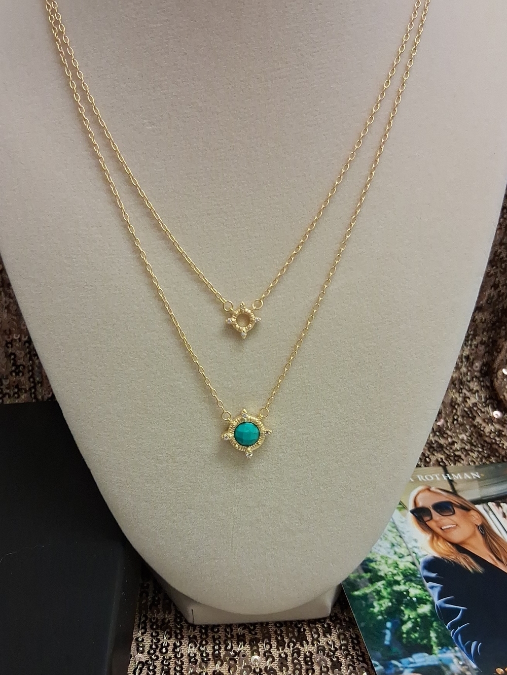 Freida Rothman Brooklyn Coast Faceted Tuquoise Double Necklace. Sterling And 14k